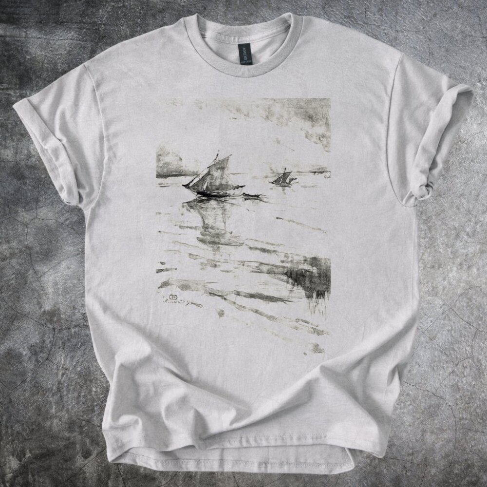 Sailboats Shirt Water Scene Graphic Tshirt Cotton Crewneck Gray